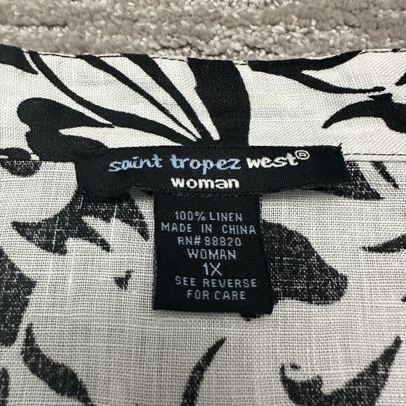Saint Tropez West Shirt Womens 1X Black White Floral Button Linen Blouse Top - Picture 6 of 11